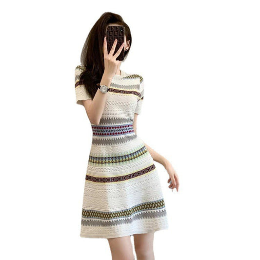 Women Color Striped Knitwear Summer Short Sleeve A Line Mini Short Dresses