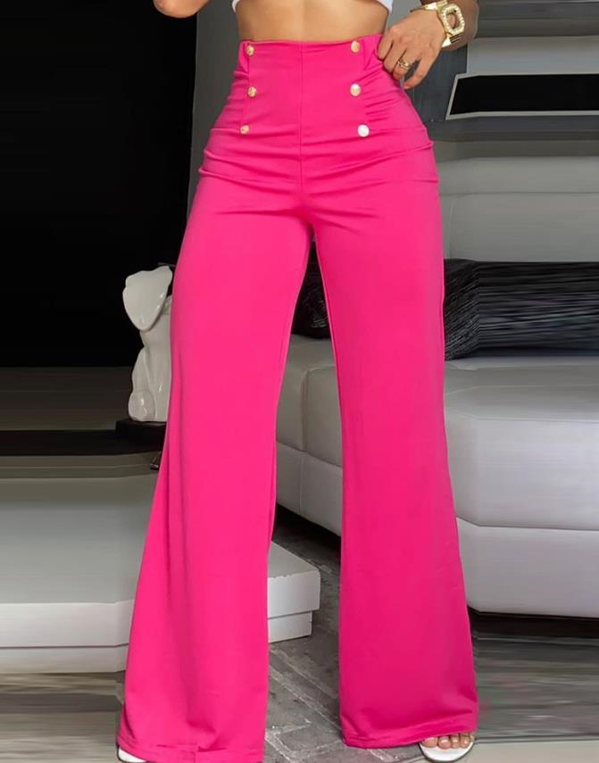 European and American Women's New Breasted Decorative Wide Leg Pants Rose Red Pants