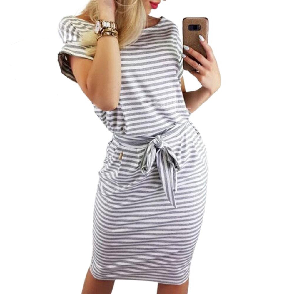 Striped Belt Fashion Dress for Women Summer Short Sleeve Casual Crew Neck Dresses Slim Knee-length Fashion Female Dress