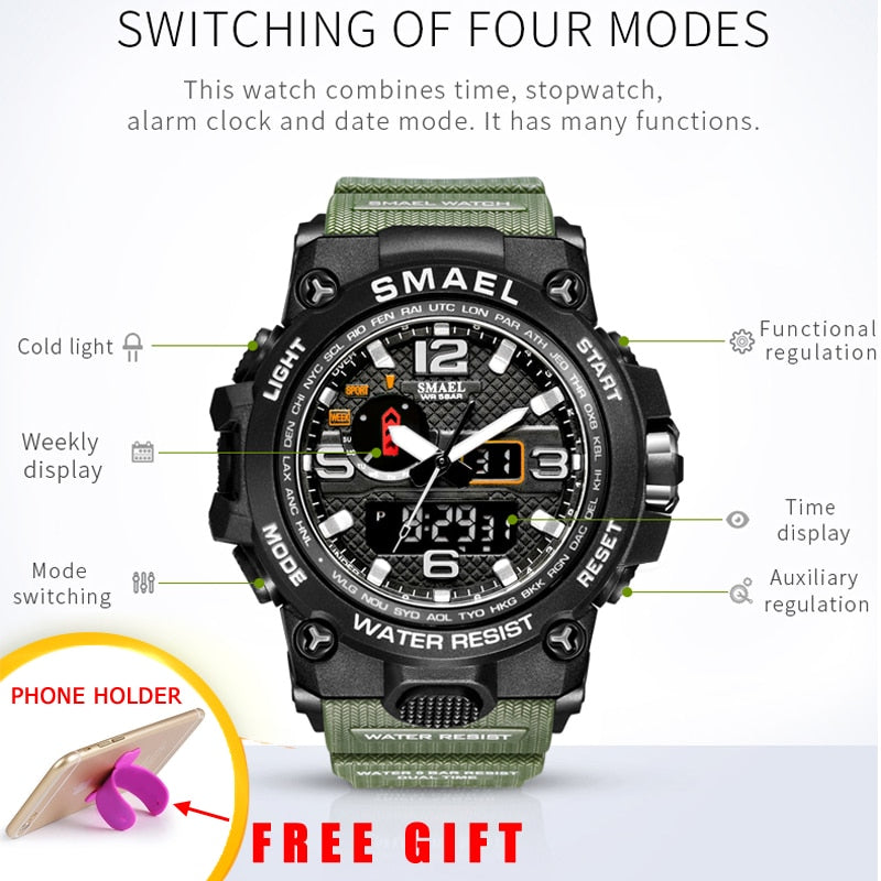 Men Sports Watches Dual Display Analog Digital LED Electronic Quartz Wristwatches Waterproof Swimming Military Watch