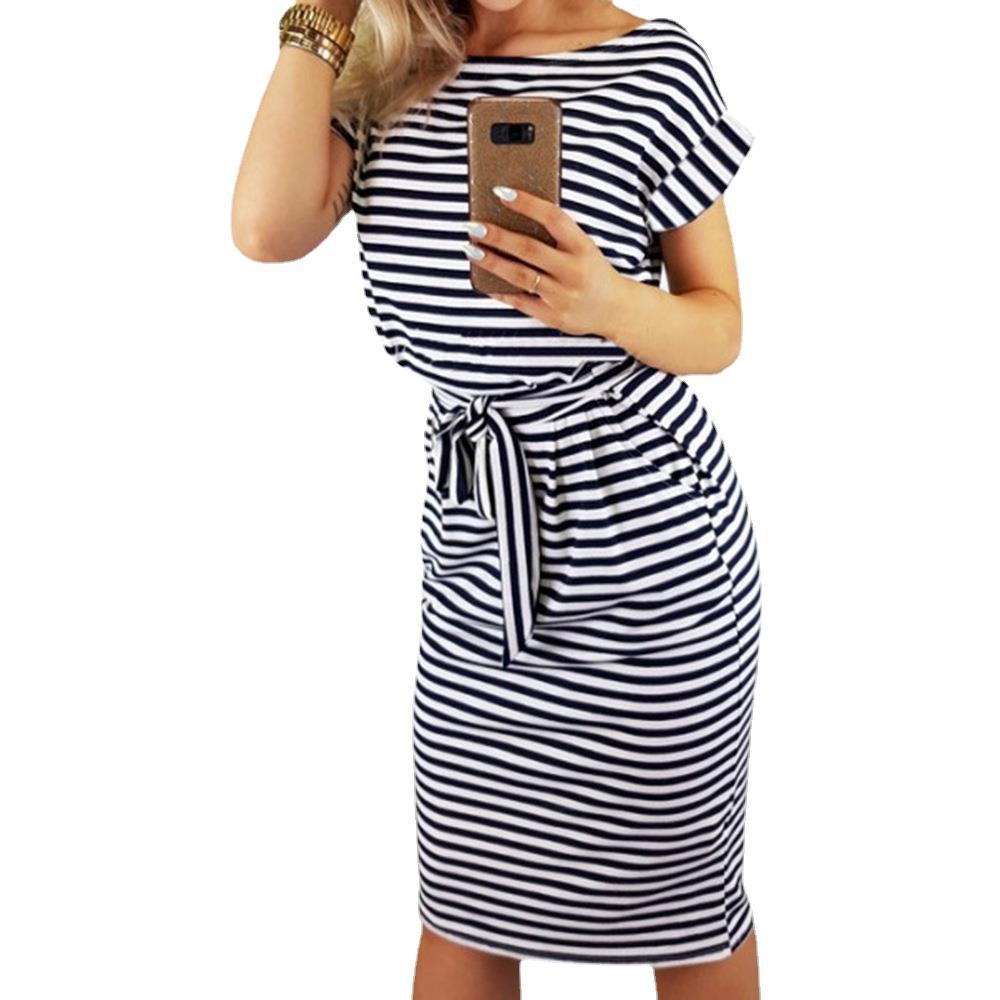 Striped Belt Fashion Dress for Women Summer Short Sleeve Casual Crew Neck Dresses Slim Knee-length Fashion Female Dress