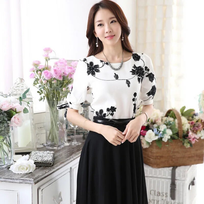 Chiffon Casual Shirt O Neck Half Sleeve Floral Printing Female Women Shirt Top Blusas Clothing