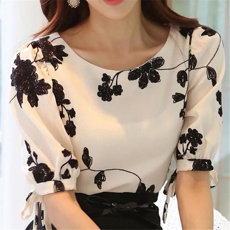 Chiffon Casual Shirt O Neck Half Sleeve Floral Printing Female Women Shirt Top Blusas Clothing