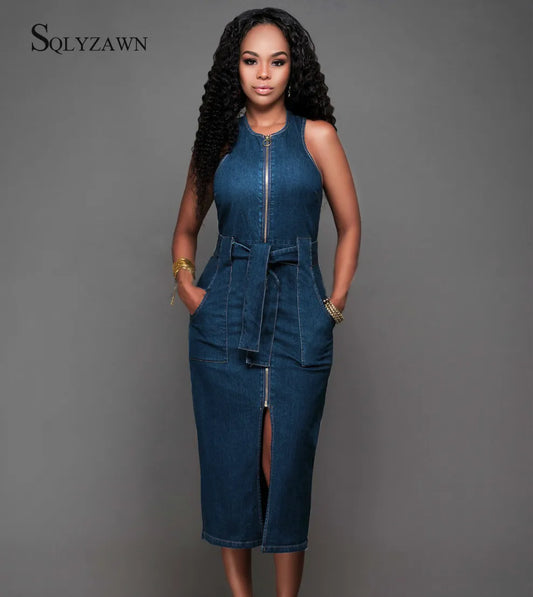 Women Sleeveless Jeans Casual Slim Blue Denim Dress Sexy Bodycon 2020 Long Dresses Zipper Pockets Vestido Plus Size with Sashes