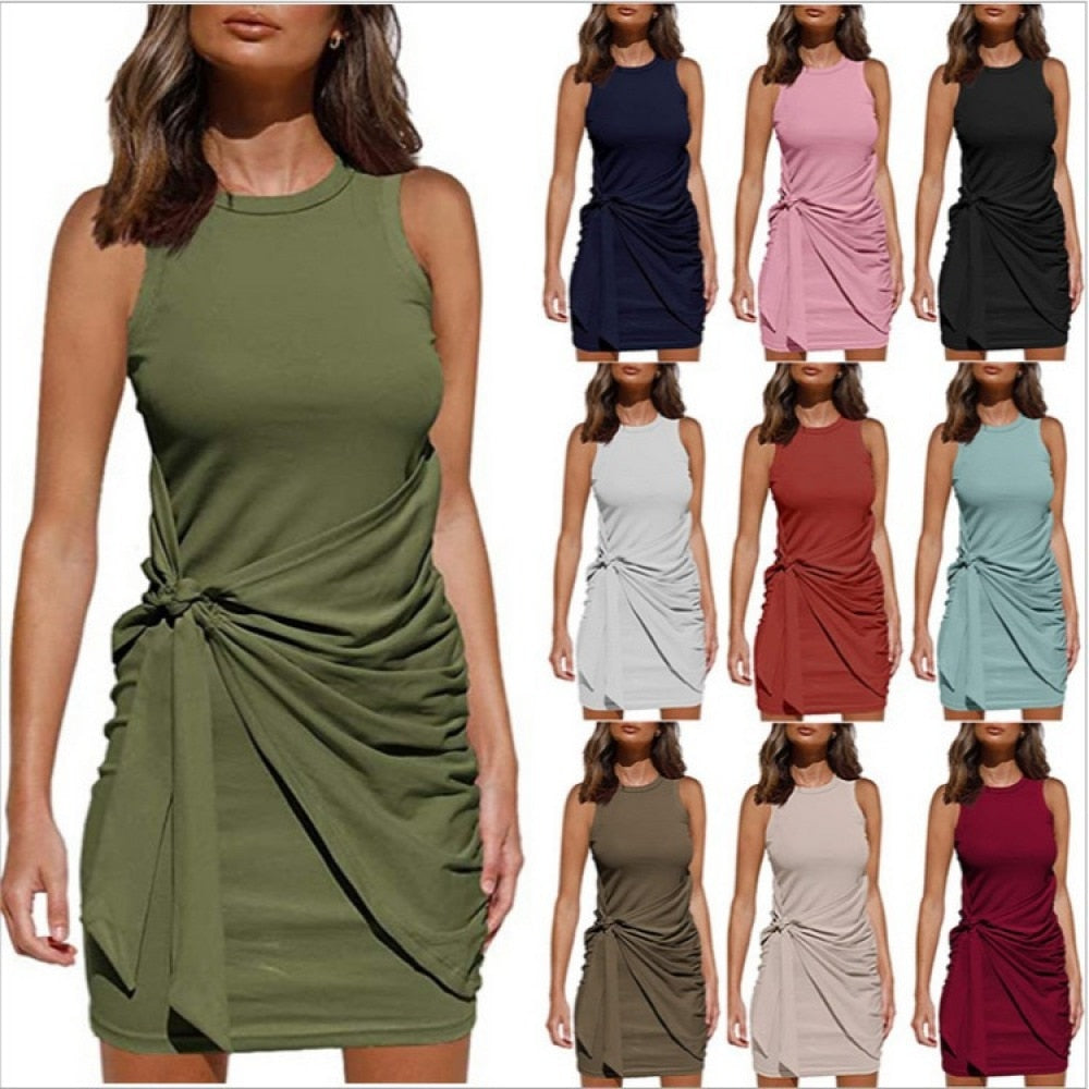 Woman Dress Drawstring Slim Casual Sleeveless Dress Summer Solid Mini Crew Neck High Wait Dress OL Style Ladies Dresses