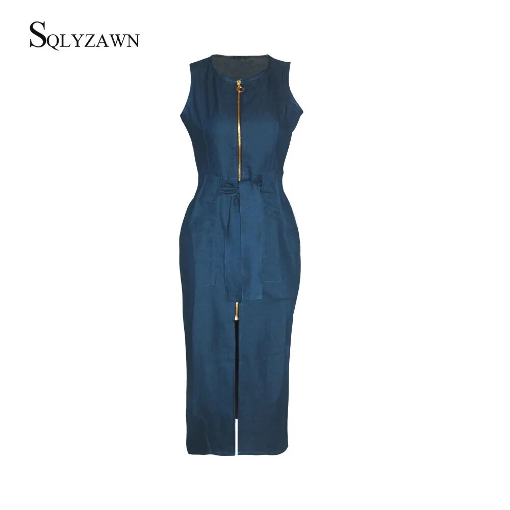 Women Sleeveless Jeans Casual Slim Blue Denim Dress Sexy Bodycon 2020 Long Dresses Zipper Pockets Vestido Plus Size with Sashes