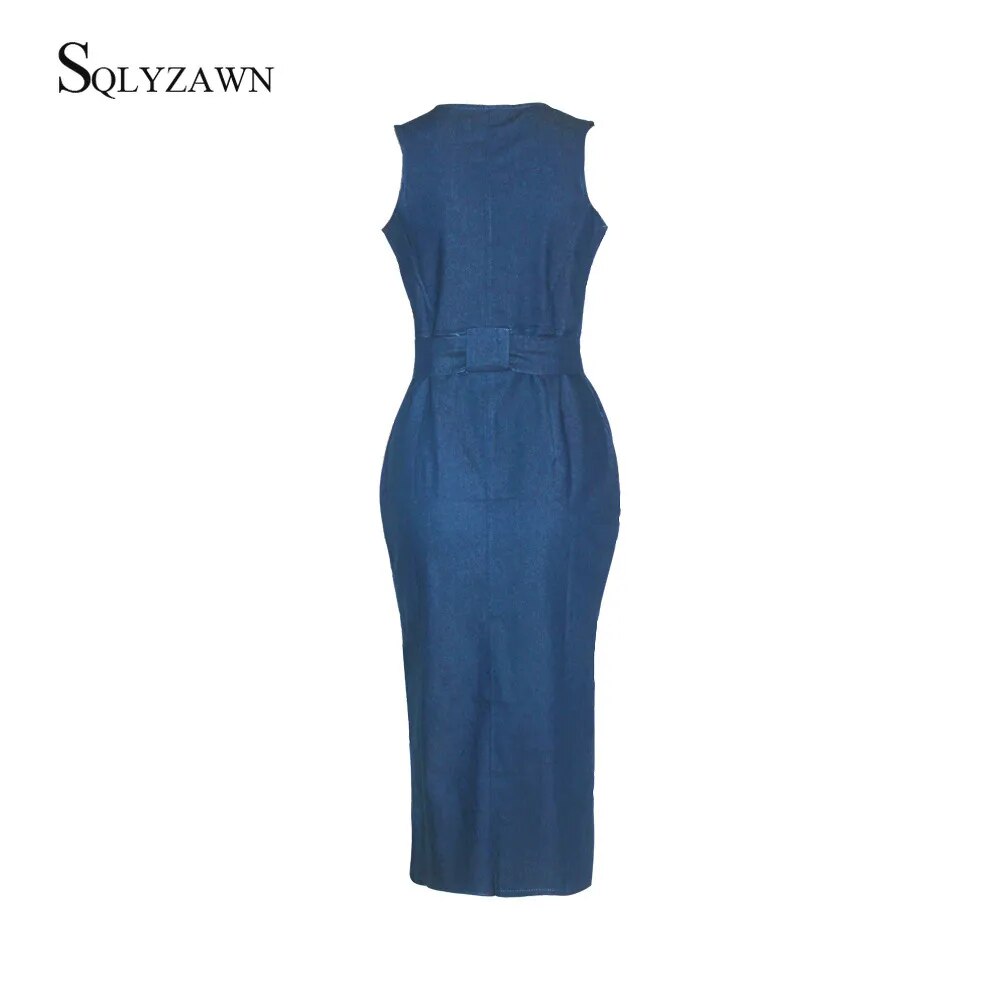 Women Sleeveless Jeans Casual Slim Blue Denim Dress Sexy Bodycon 2020 Long Dresses Zipper Pockets Vestido Plus Size with Sashes