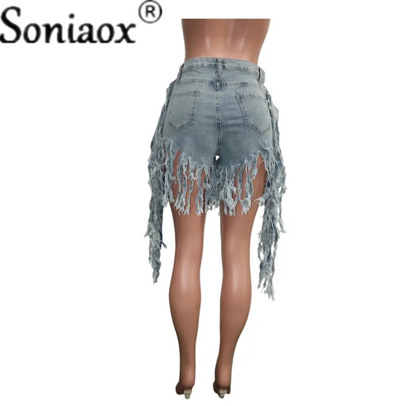 Women Shorts Jeans Tassel High Waist Summer Casual Zipper Fly Jeans Ladies Street Night Club Skinny Denim Shorts