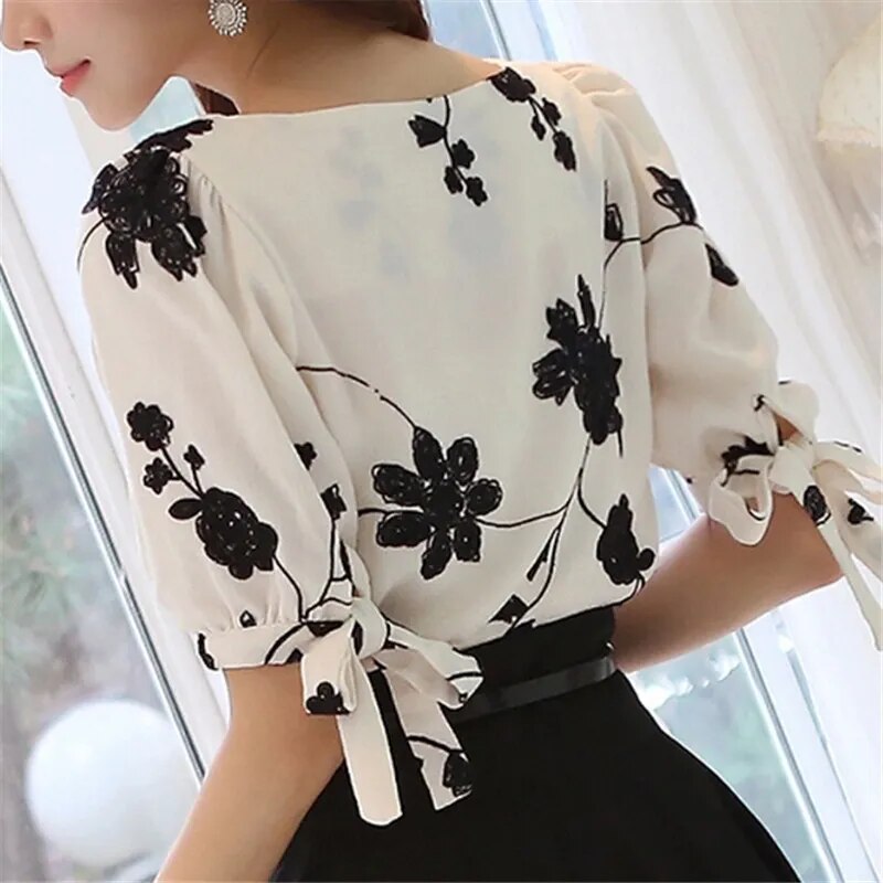 Chiffon Casual Shirt O Neck Half Sleeve Floral Printing Female Women Shirt Top Blusas Clothing