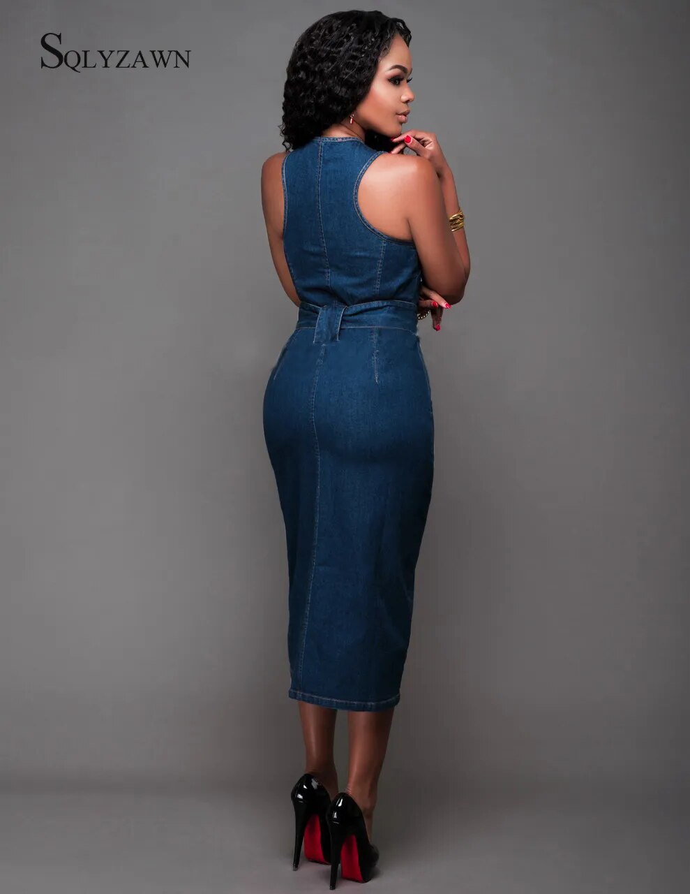 Women Sleeveless Jeans Casual Slim Blue Denim Dress Sexy Bodycon 2020 Long Dresses Zipper Pockets Vestido Plus Size with Sashes