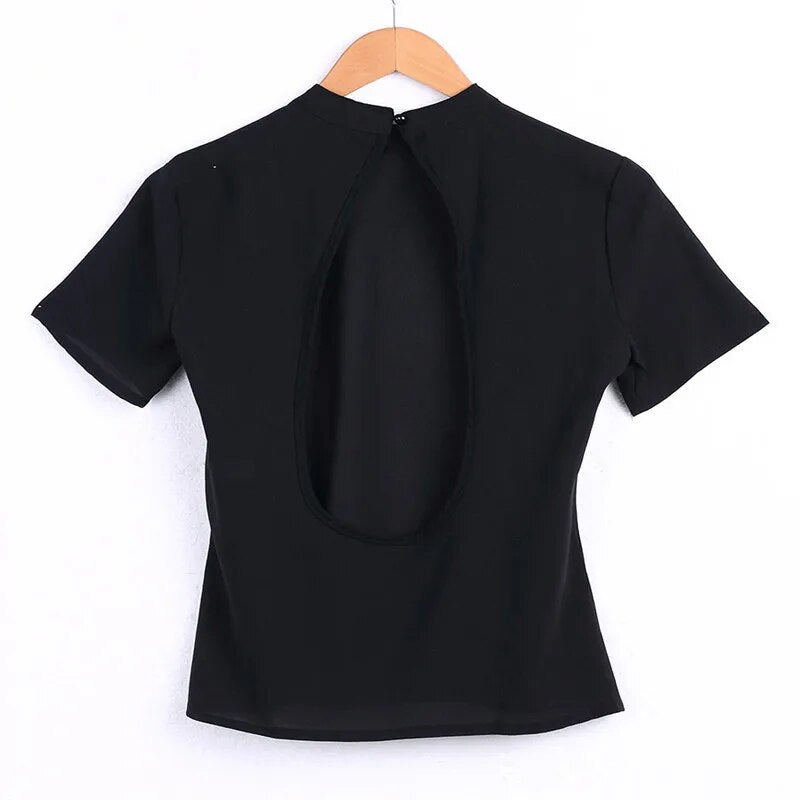 2019 new Sexy Women Blouse Fashion black Open Backless tops short Sleeve Shirt Women Summer Solid Color Clothes Drop shipping