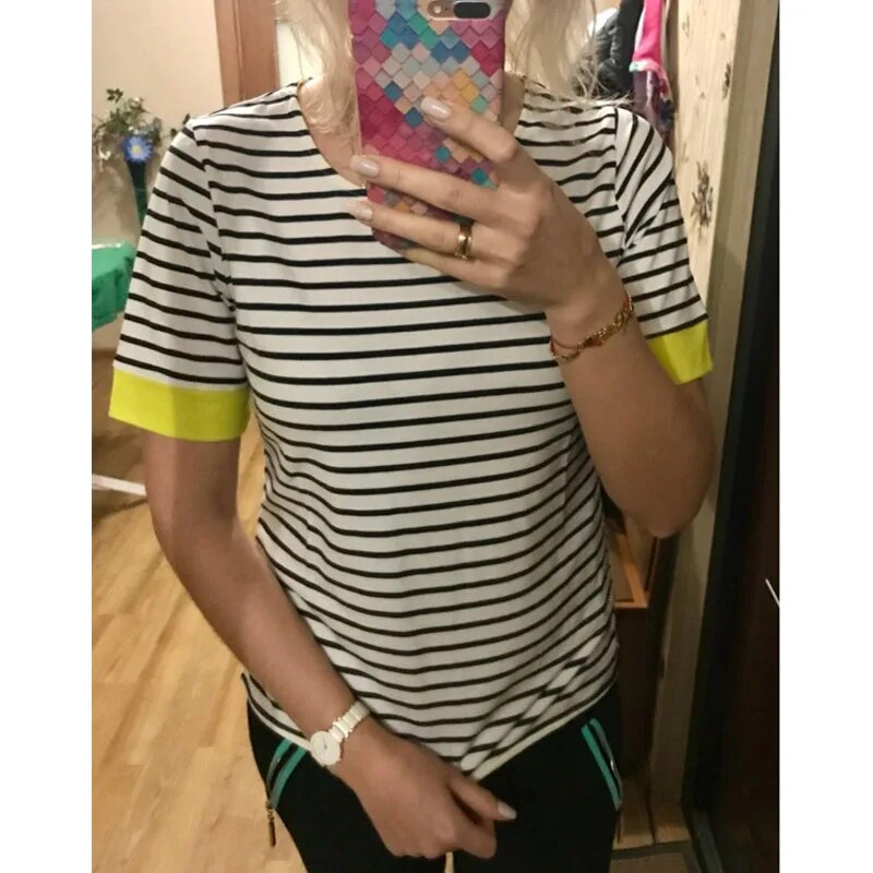 Women Tops O-Neck T-Shirt Short Sleeve Striped T Shirts Tees Blusas Femininas Free Shipping M- XXXXL Plus Size