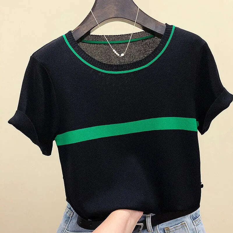 shintimes Thin Knitted T Shirt Women Clothes 2022 Summer Woman Short Sleeve Tees Tops Striped Casual T-Shirt Female Tshirt Femme