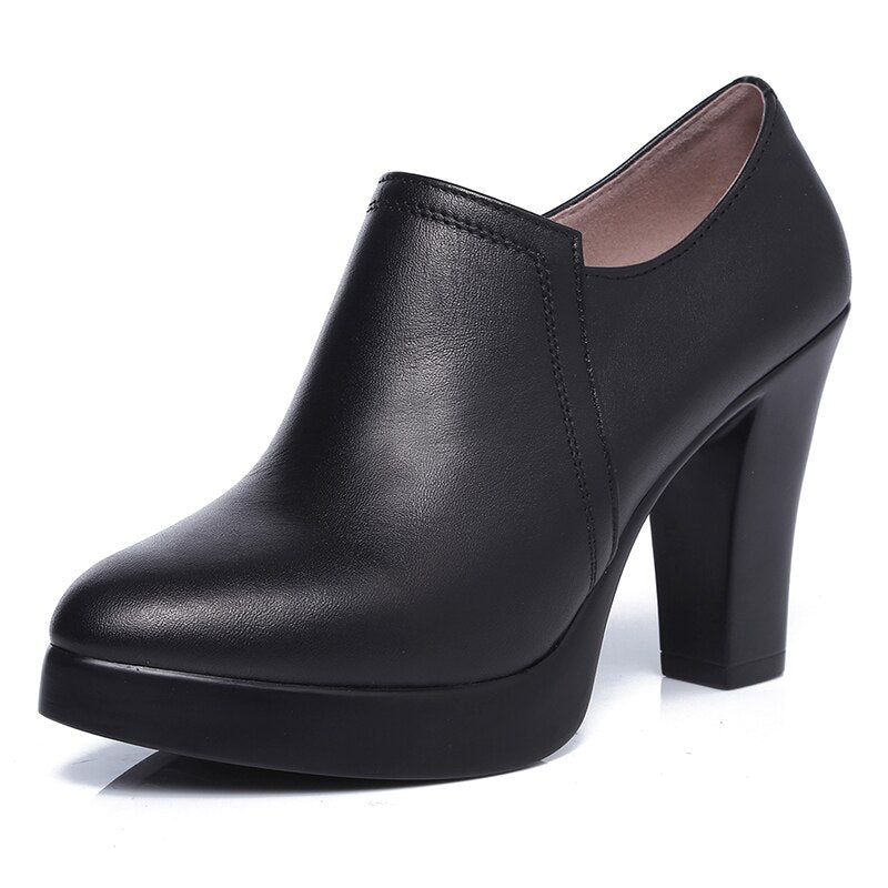 GKTINOO Deep Mouth Pointed Toe Leather Shoes Women Pumps 2023 Autumn Black High Heels Office Shoes Plus size 33-43