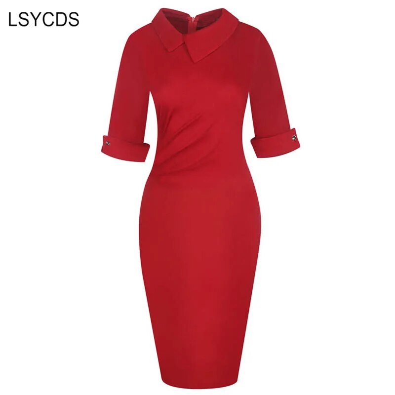 Women's Dress Elegant Half Sleeve Peter Pan Collar Black Red Blue Dresses Vintage Casual Party Bodycon Dress