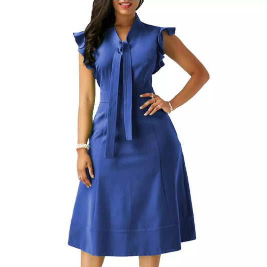 Evening Party Women Fashion Solid Color Tie Ruffled Fly Sleeve Slim Midi Dress Stylish and elegant