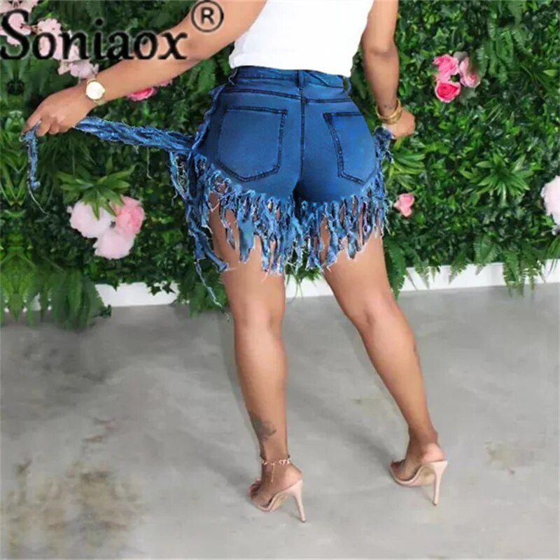 Women Shorts Jeans Tassel High Waist Summer Casual Zipper Fly Jeans Ladies Street Night Club Skinny Denim Shorts