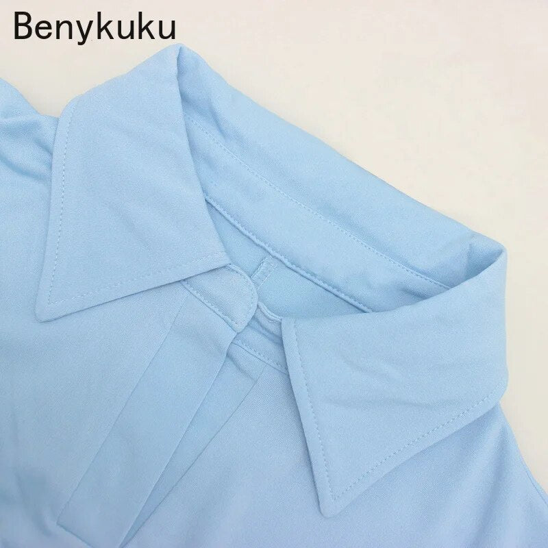 Summer Knit Turn-Down Collar Polo Shirt Dress Women Bodycon Pencil Dresses Office Ladies Short Sleeve Blue Dress Female Vestidos