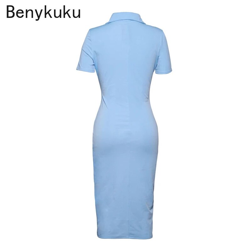 Summer Knit Turn-Down Collar Polo Shirt Dress Women Bodycon Pencil Dresses Office Ladies Short Sleeve Blue Dress Female Vestidos