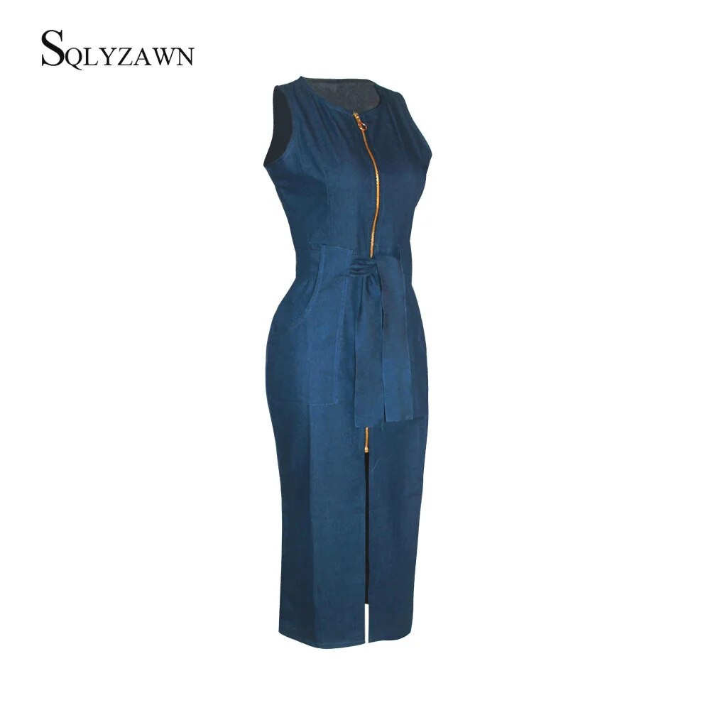 Women Sleeveless Jeans Casual Slim Blue Denim Dress Sexy Bodycon 2020 Long Dresses Zipper Pockets Vestido Plus Size with Sashes