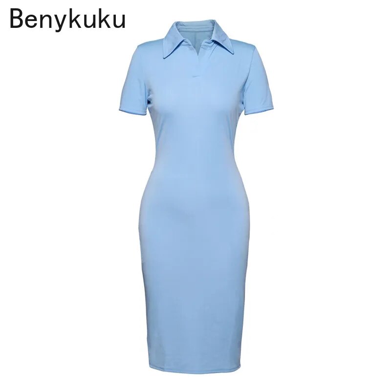 Summer Knit Turn-Down Collar Polo Shirt Dress Women Bodycon Pencil Dresses Office Ladies Short Sleeve Blue Dress Female Vestidos