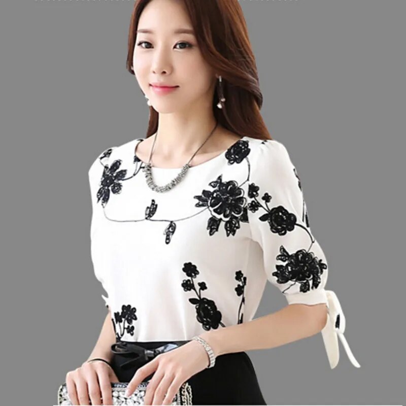 Chiffon Casual Shirt O Neck Half Sleeve Floral Printing Female Women Shirt Top Blusas Clothing