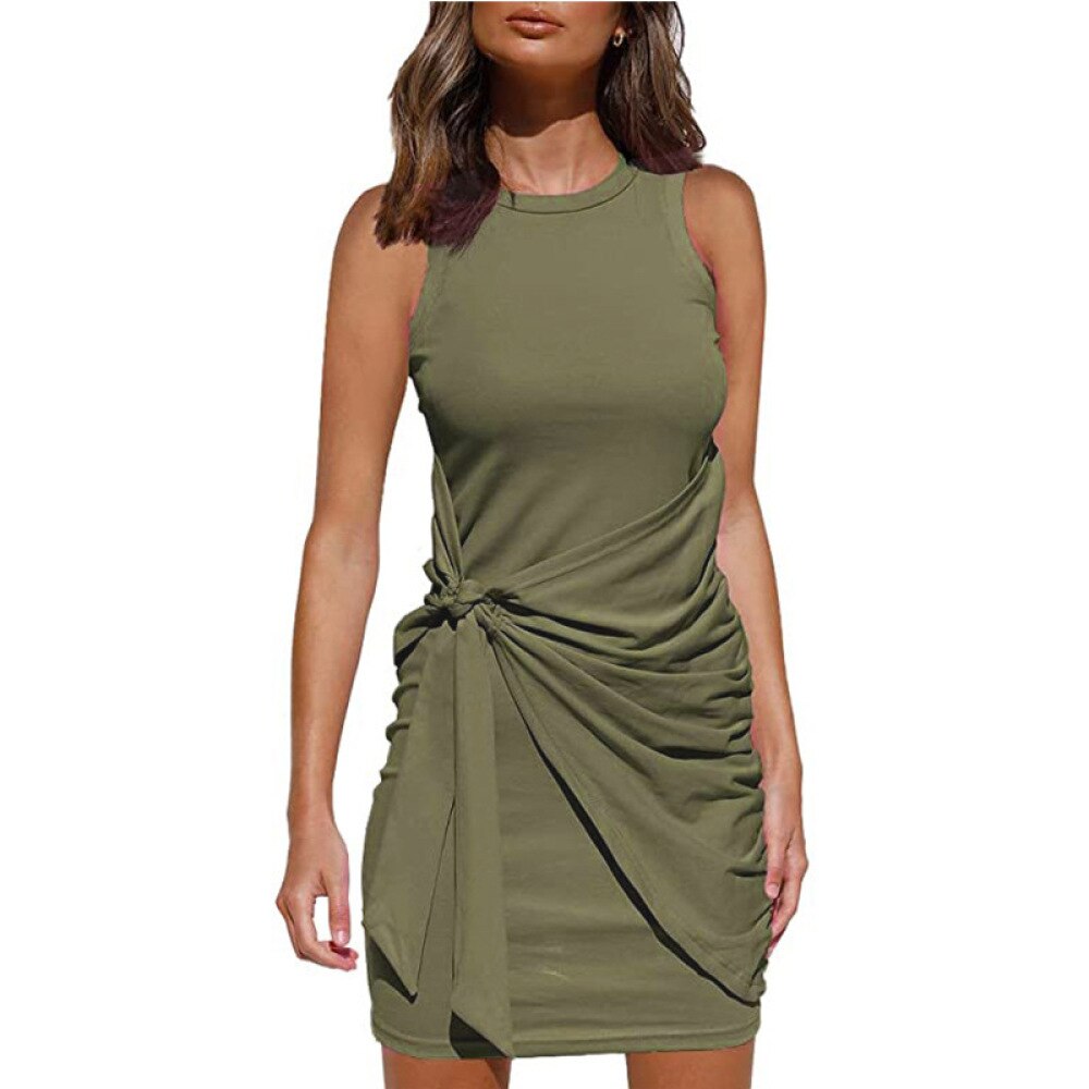 Woman Dress Drawstring Slim Casual Sleeveless Dress Summer Solid Mini Crew Neck High Wait Dress OL Style Ladies Dresses