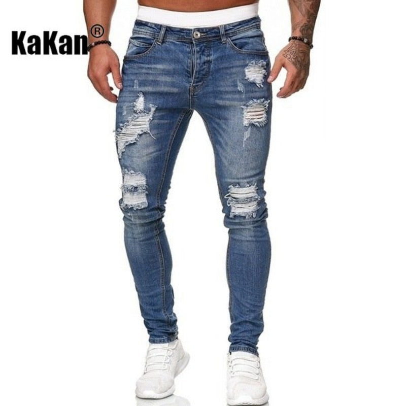 High Quality Men's Stretch Tight-fitting, Worn-out White Slim Jeans, Spring and Autumn New Long Jeans K14-881