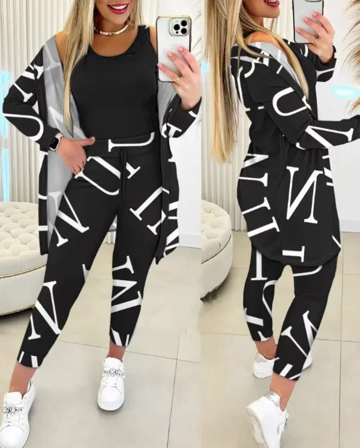 Autumn Fashion Printing Three Piece Set Women Casual Tank Top Cardigan Sweatpants Three Piece Set Women