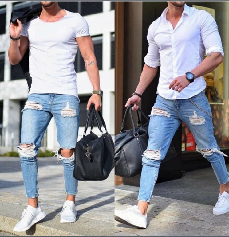 High Quality Men's Stretch Tight-fitting, Worn-out White Slim Jeans, Spring and Autumn New Long Jeans K14-881