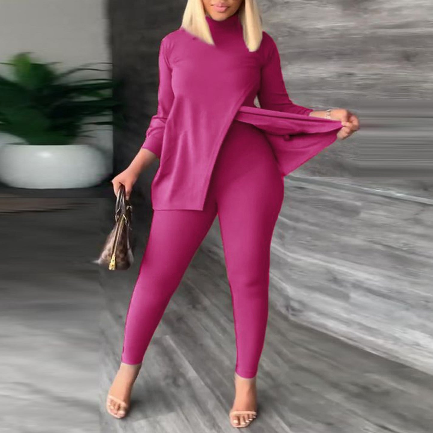 Two-piece Set Women's Solid Color Long Sleeve Casual Split Tshirt Leggings Slim Two-piece Set Women