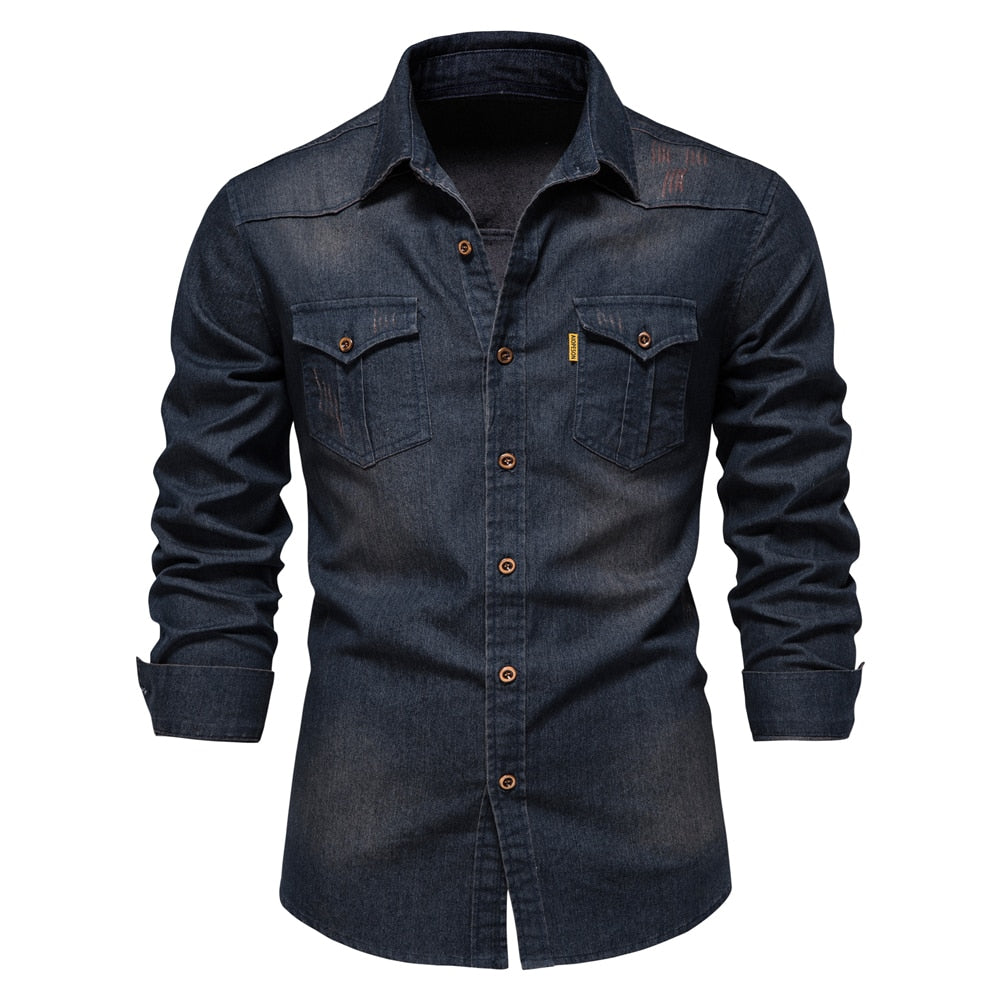 AIOPESON Elastic Cotton Denim Shirt Men Long Sleeve Quality Cowboy Shirts for Men Casual Slim Fit Jeans Men Shirts