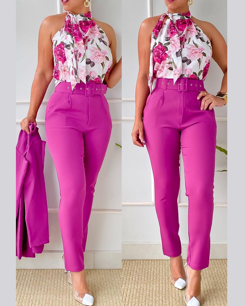 Summer Fashion Print Two Piece Set Women Casual Office Ladies Button Flying Sleeve Shirt Pants Two Piece Set Women