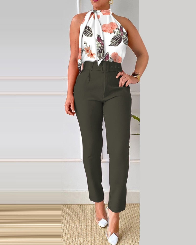 Summer Fashion Print Two Piece Set Women Casual Office Ladies Button Flying Sleeve Shirt Pants Two Piece Set Women