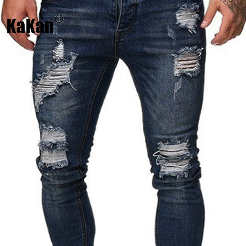 High Quality Men's Stretch Tight-fitting, Worn-out White Slim Jeans, Spring and Autumn New Long Jeans K14-881