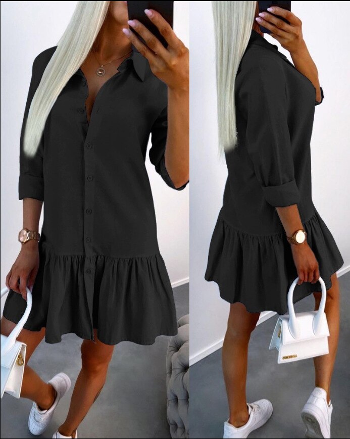 Casual Shirt Dress Women Long Sleeve Button Lapel Collar Ruffles Mini Dress 2023 Spring Autumn Solid Color Office Ladies Dresses