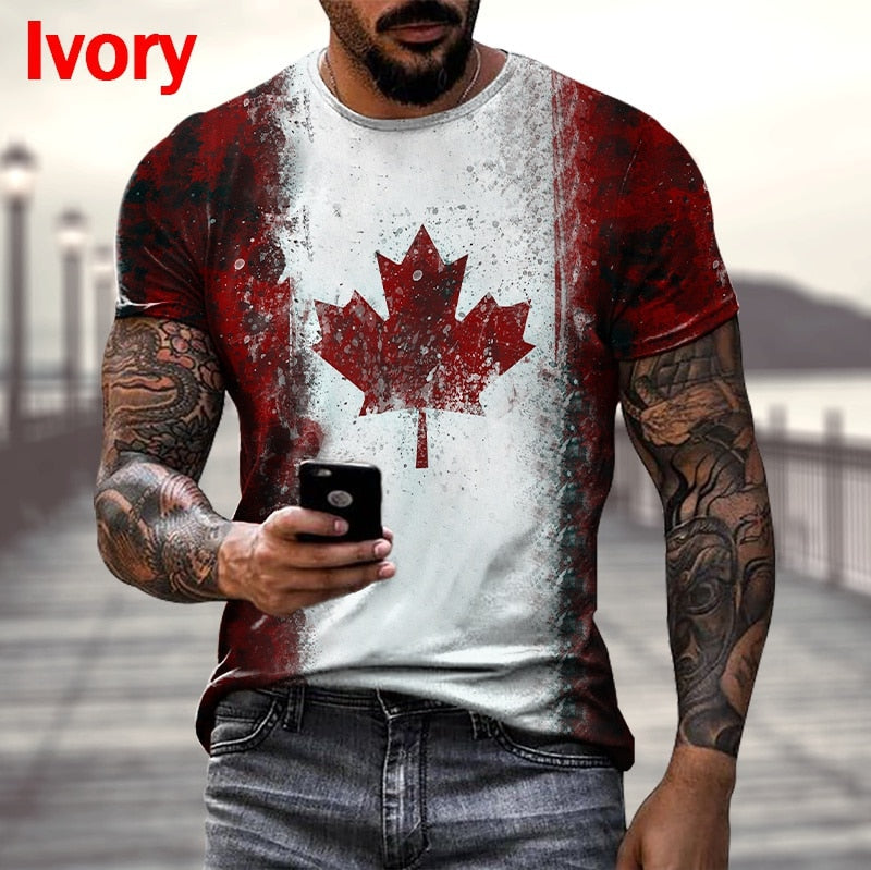 2022 new fashion men's Harajuku Canadian flag print T-shirt short-sleeved O-neck casual creative large size shirt for men