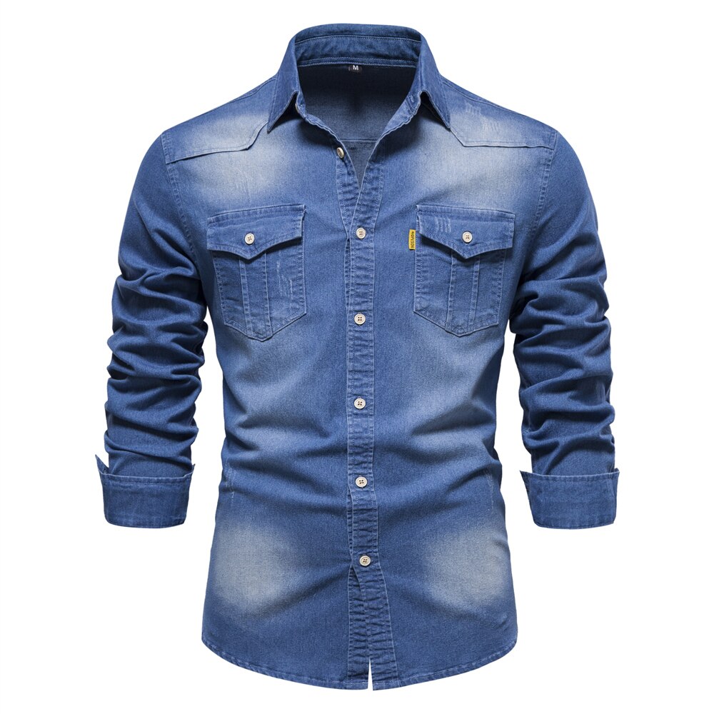 AIOPESON Elastic Cotton Denim Shirt Men Long Sleeve Quality Cowboy Shirts for Men Casual Slim Fit Jeans Men Shirts