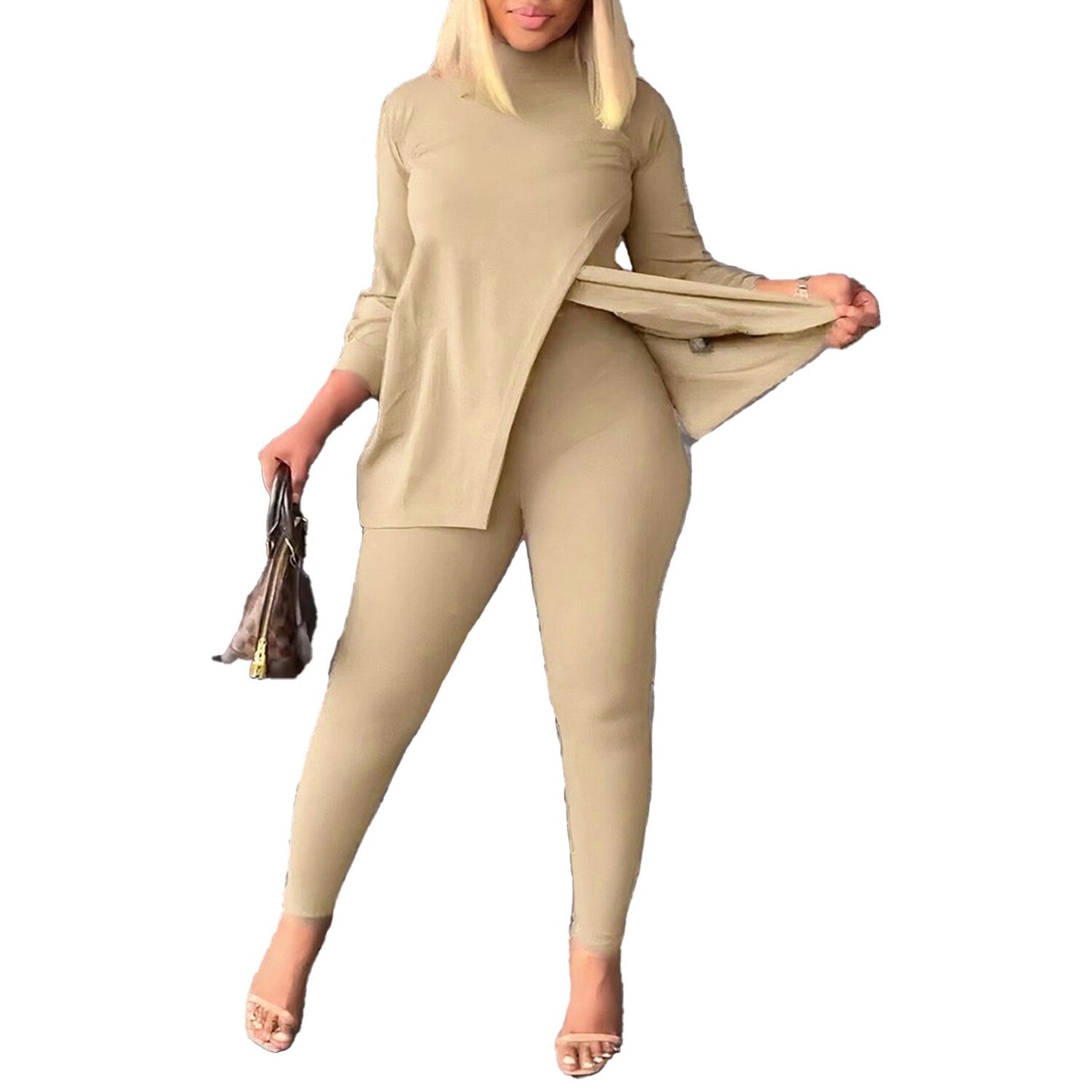 Two-piece Set Women's Solid Color Long Sleeve Casual Split Tshirt Leggings Slim Two-piece Set Women