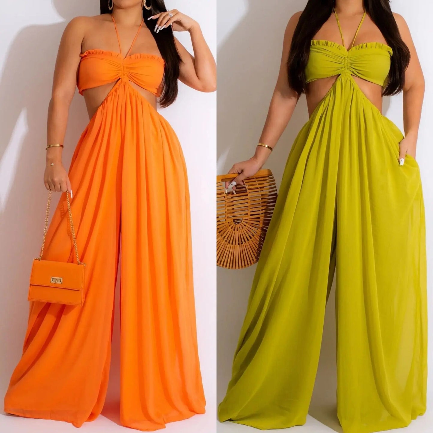 Spring and Summer Women's New Hanging Neck Tied Jumpsuit, a Neck Wrap Hollow Out Waist Elastic Waist Sexy Jumpsuit