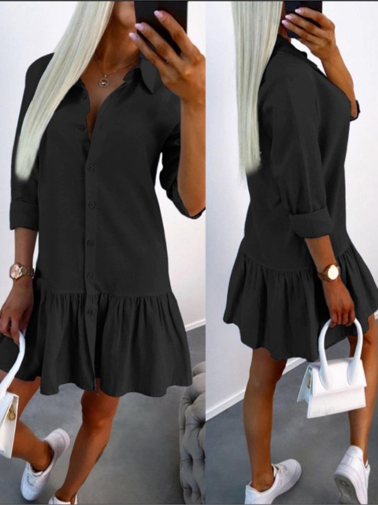 Casual Shirt Dress Women Long Sleeve Button Lapel Collar Ruffles Mini Dress 2023 Spring Autumn Solid Color Office Ladies Dresses