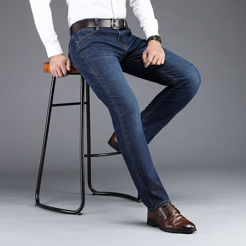 Classic Men's Brand Four Seasons Jeans 2023 New High-end Business Casual Mid Rise Stretch Straight Jeans Blue Black Trousers Men