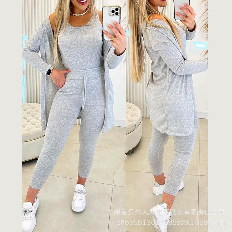 Autumn Fashion Printing Three Piece Set Women Casual Tank Top Cardigan Sweatpants Three Piece Set Women