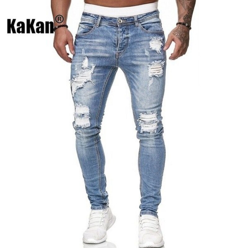 High Quality Men's Stretch Tight-fitting, Worn-out White Slim Jeans, Spring and Autumn New Long Jeans K14-881