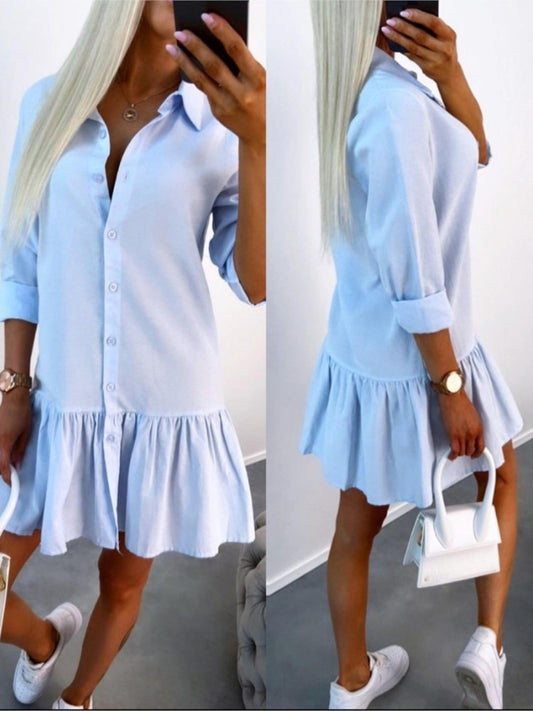 Casual Shirt Dress Women Long Sleeve Button Lapel Collar Ruffles Mini Dress 2023 Spring Autumn Solid Color Office Ladies Dresses