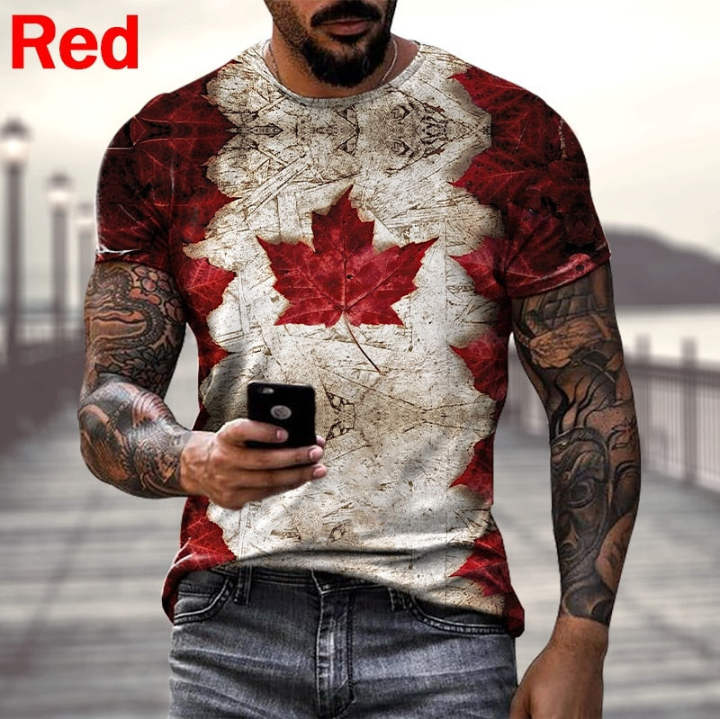 2022 new fashion men's Harajuku Canadian flag print T-shirt short-sleeved O-neck casual creative large size shirt for men