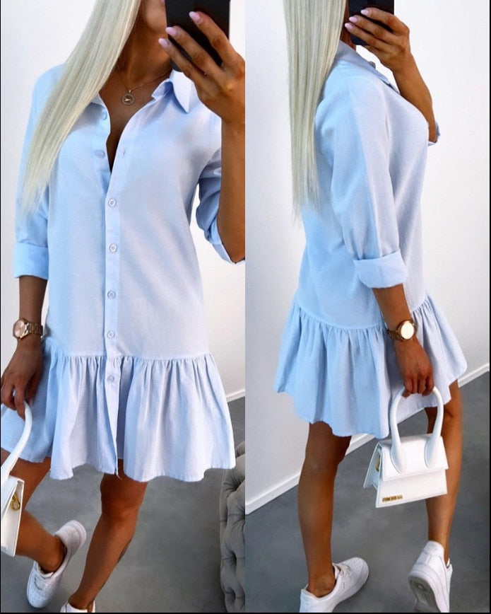 Casual Shirt Dress Women Long Sleeve Button Lapel Collar Ruffles Mini Dress 2023 Spring Autumn Solid Color Office Ladies Dresses