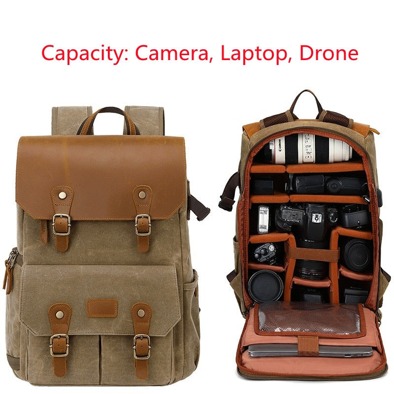 High-End Men's SLR Camera Backpack USB Large Camera Bag Waterproof Waxed Canvas Backpack Professional Camera Drone Backpack Outd