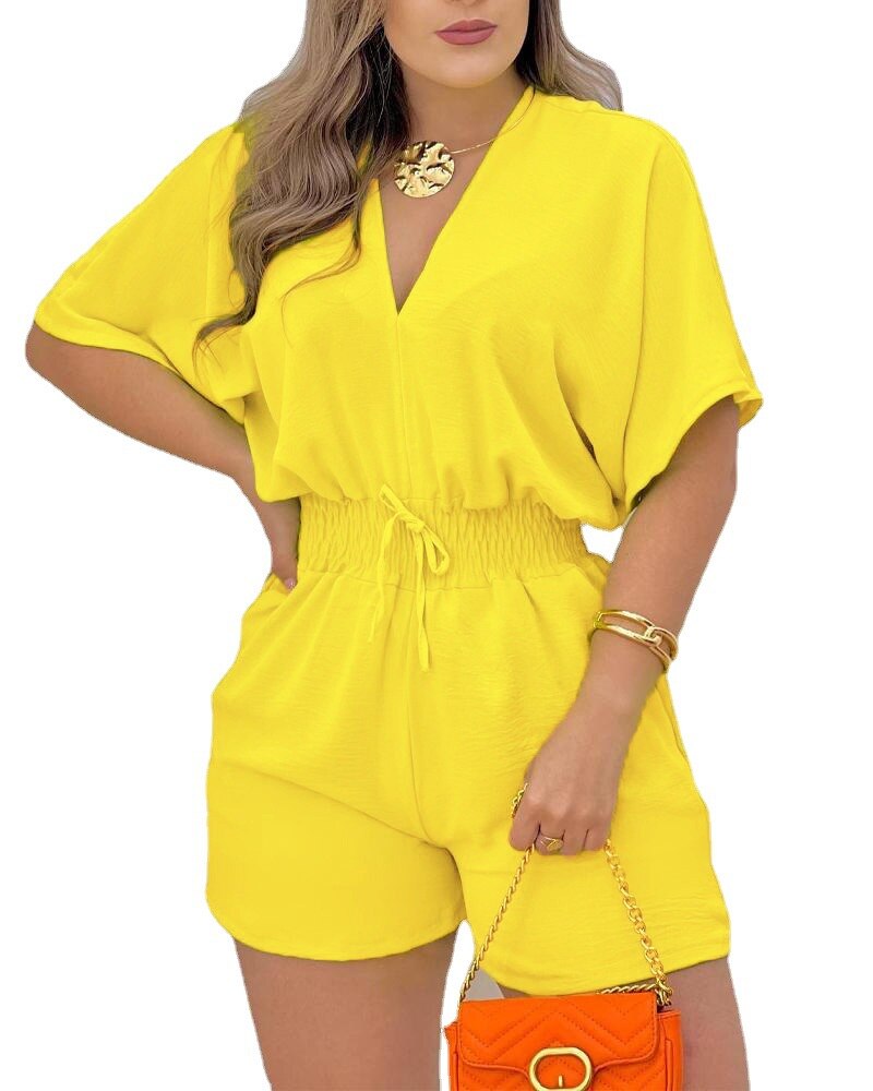 Batwing Sleeve Shirred Waist Romper Women Summer Lace Up Solid Bandage V Neck Rompers & Playsuits Sexy Batwing Sleeve