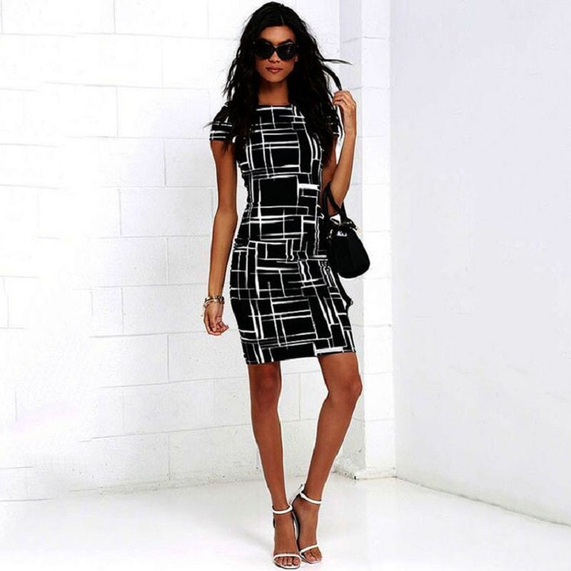 Women Office Working Formal Dresses Line Pattern Slim Shape Cotton Dress Lady Elegant Classy Overseas Sizes Women Clothes